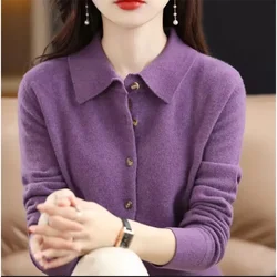 Autumn And Winter New Women's Cardigan Exquisite POLO Collar Long Sleeved Sweater Large Wool Knitted lapel Collar Sweater Purple