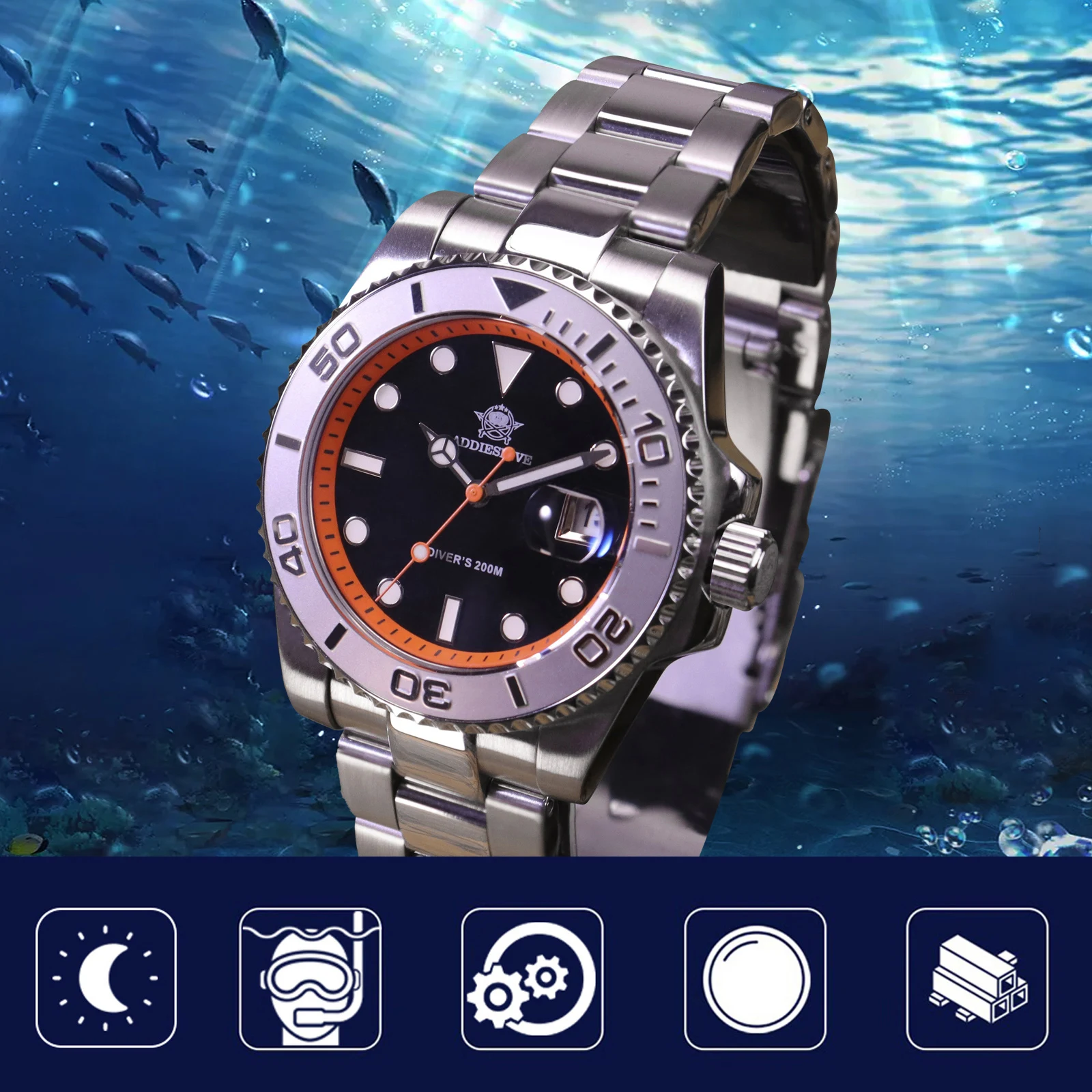 ADDIESDIVE Men's Diver Watch 2115 Quartz 200M Waterproof BGW9 Luminous Wristwatch Ceramic Bezel Date 316L Stainless Steel AD2040