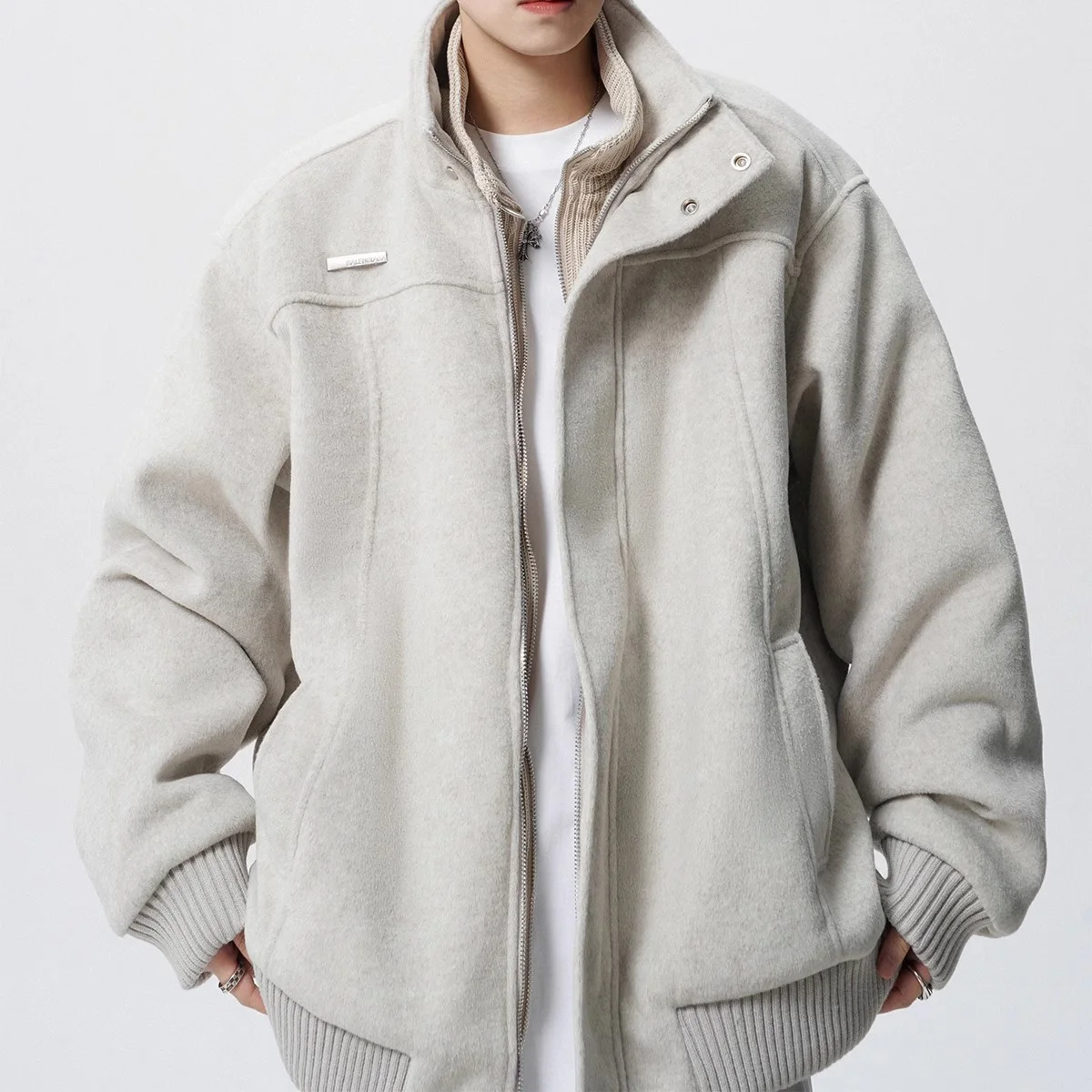 

Autumn Winter Men Jacket American Retro Stand Collar Male Outerwear Long Sleeve Oversize Versatile Man Fake Two-piece Coat