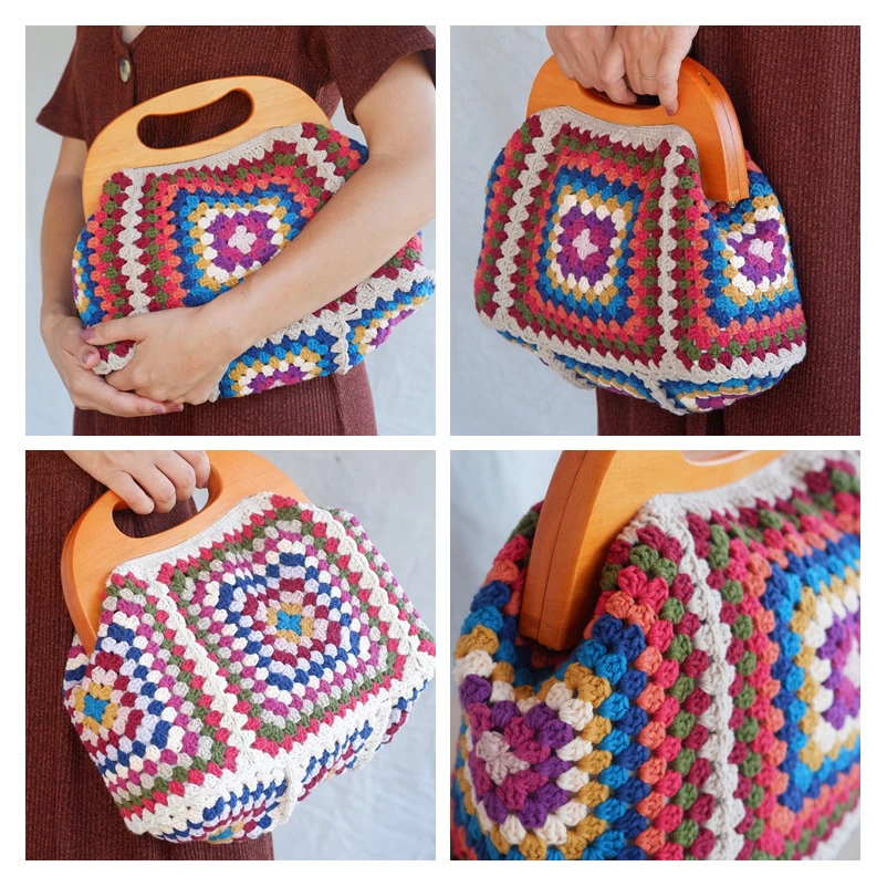 Colorful crochet boho chic granny square Gran clutch handbag Beige Vintage Style colorful floral purse bag