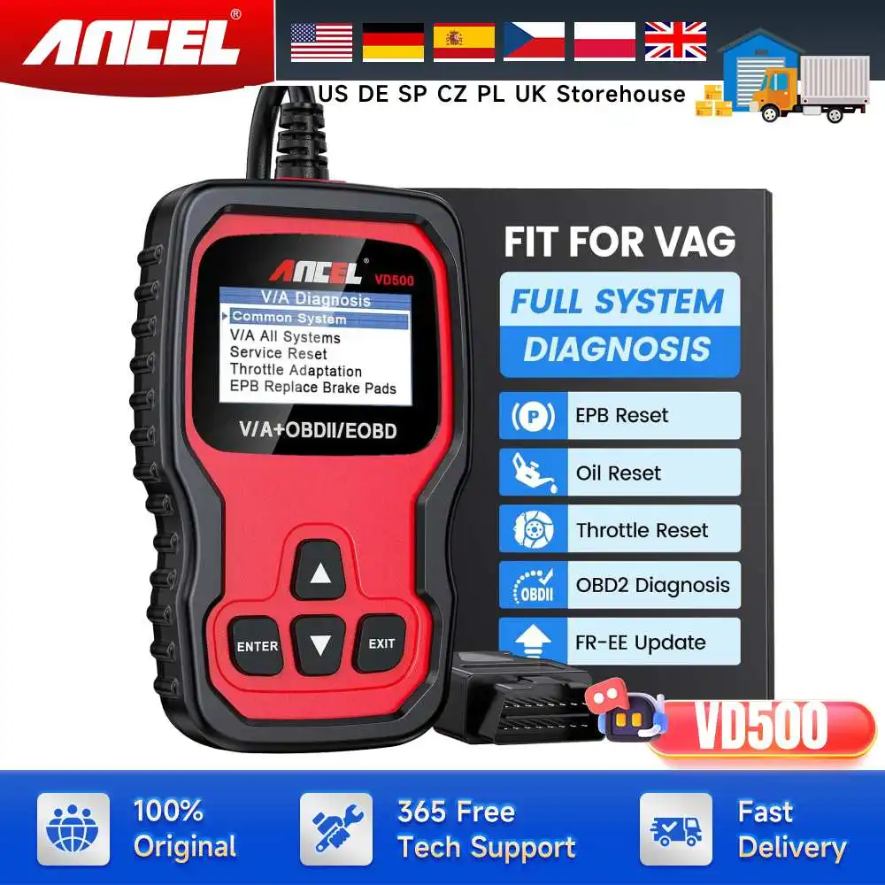 

Диагностический сканер ANCEL VD500 OBD II для проверки двигателя V-A-G, считыватель световых кодов, масло EPB, сброс дроссельной заслонки, автомобильный сканер OBD2
