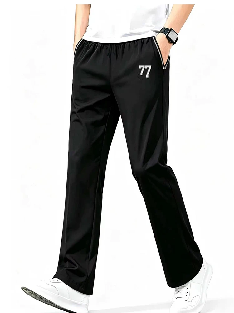 Men Number 77 Print Ice Silk Straight Track Pants Elastic Waist Loose Wide Leg Sports Trousers Lightweight Breathable Streetwear