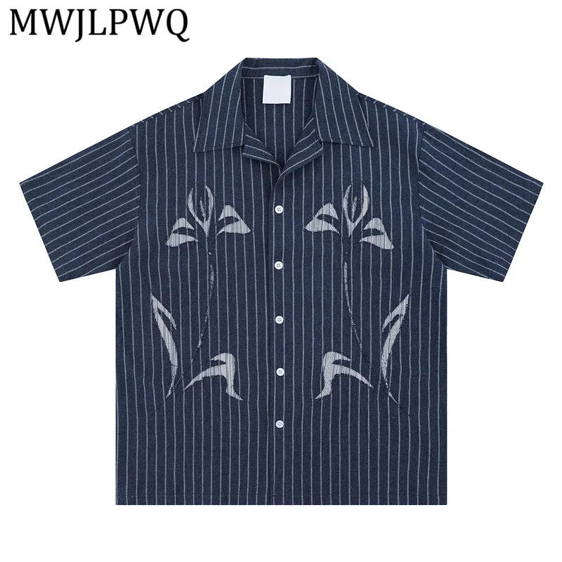

MWJLPWQ Floral Striped Design Lapel Shirts Men's Trendy Clothing Spring Summer Street Style Loose Retro Short Sleeve Tops 16172
