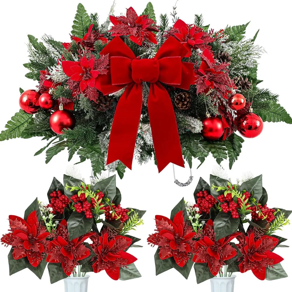 Flores artificiales de cementerio, sillín de flores de Navidad esmeriladas de nieve con cinta, ramos conmemorativos de Poinsettia roja