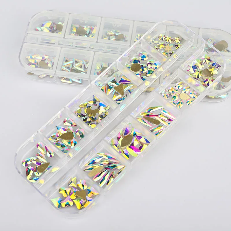 QIIY 12 Grids 120Pcs Mixed Shape Crystal AB Glass Rhinestones Flatback Glitter Stones For Nail Art Accessories DIY Decoration