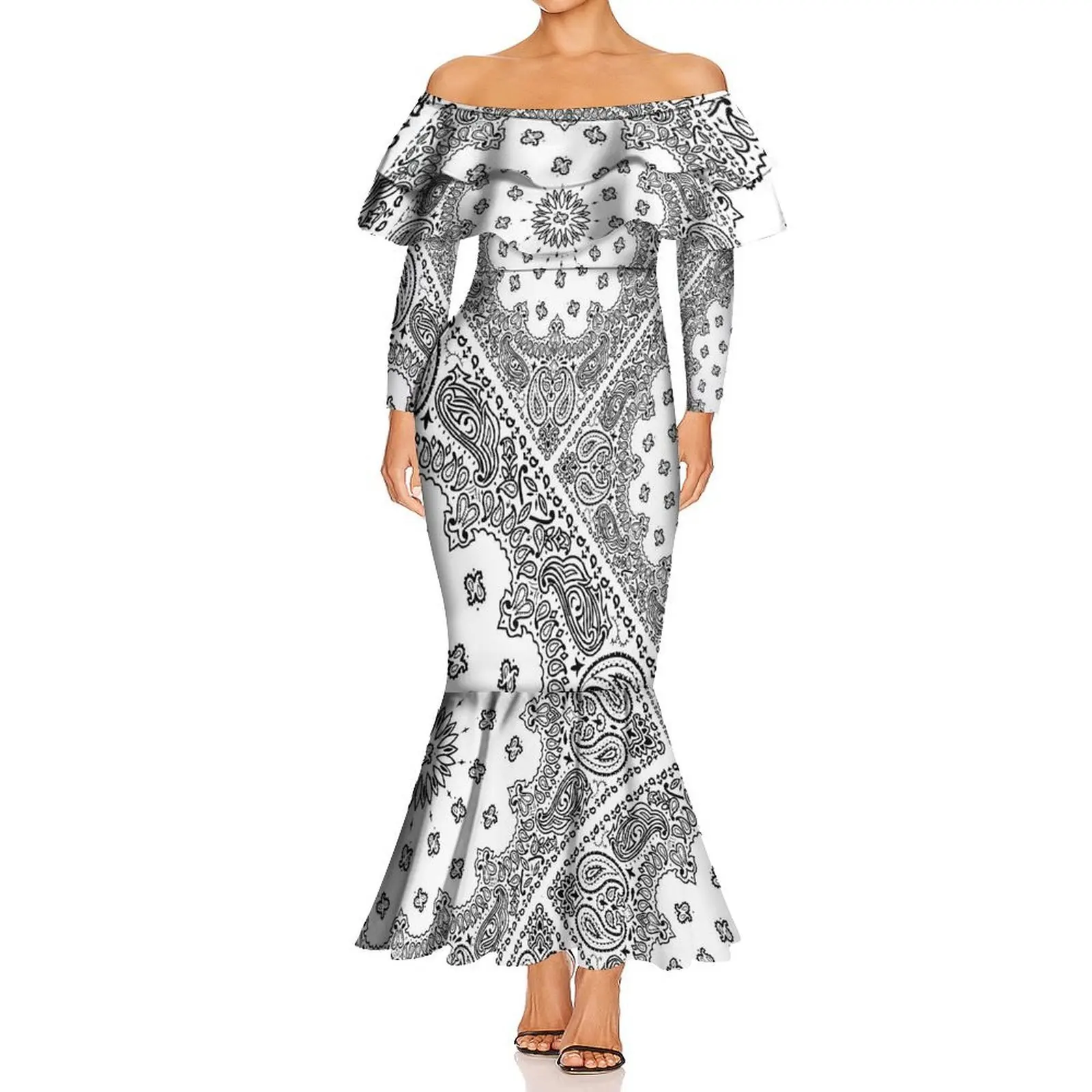 Elegante senhora havaiana de manga comprida um pescoço dupla camada babados fino fishtail vestido verão bandana padrão personalizado