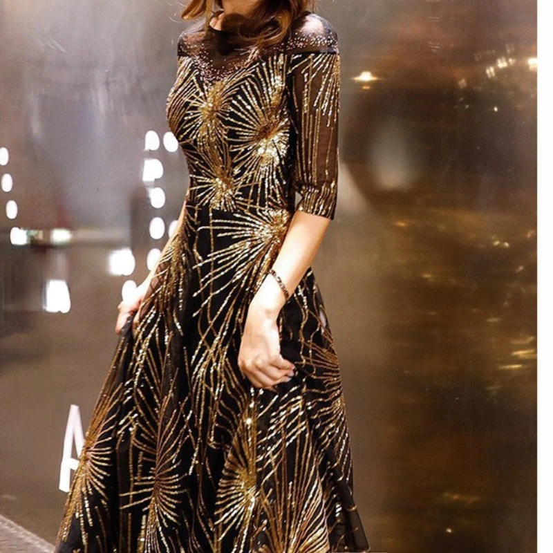 Customized Luxury Shinny O-neck Temperament Half Sleeve Long Formal Evening Dress High End Exquisite Lurex Print Vestidos Long T