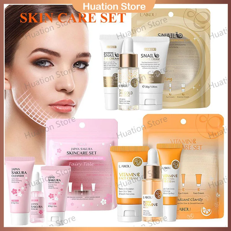 3Pcs/Lot Sakura Skin Care Set Snail Niacinamide Moisturizing Face Cream Eye Cream Face Serum Care Kit