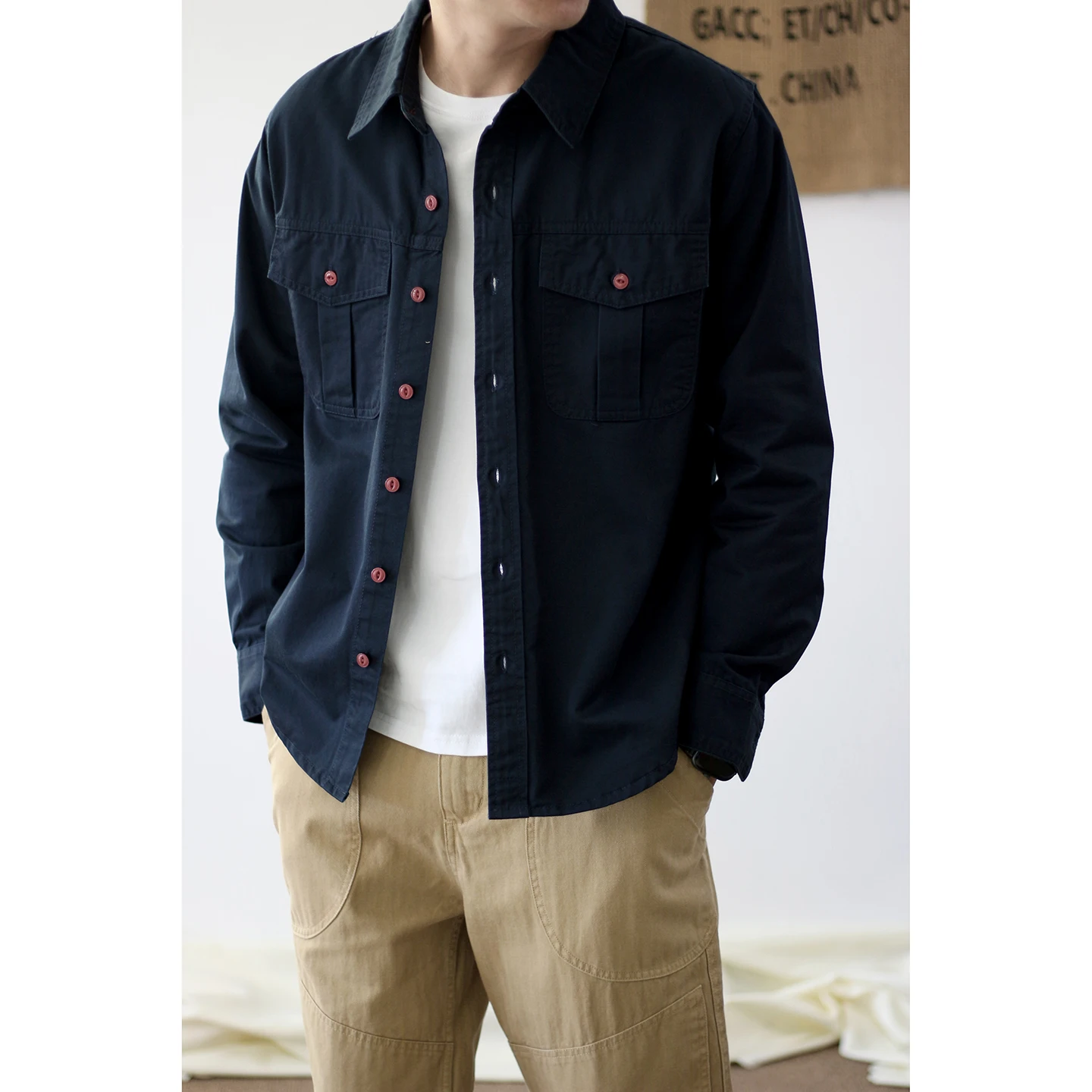 

Spring and Autumn trendy men's versatile shirt jacket made of woven fabric, Amei Kaki retro shirt long-sleeved
