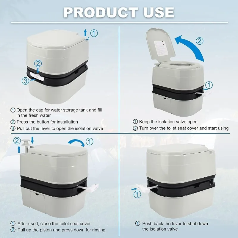 Portable Toilet 6.4 Gallon 24L Piston Pump Flush Level Indicator Detachable Anti-Leak Handle Rotating Spout Indoor Outdoor