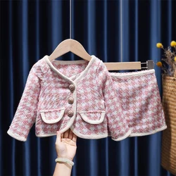 Autumn Winter Set Kids Elegant Sweet Suits Girls Fashion Outfits 2023 Tweed 2Pcs Children Trends Single Breasted Princess Sets