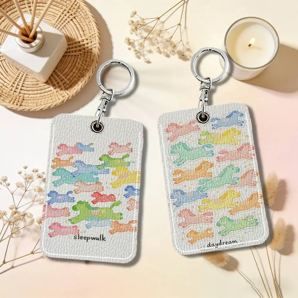 Year Of The Horse Colored Horse Cartoon Keyring Leather Access Card Holder Keychain Community Proximity Card Protective Case