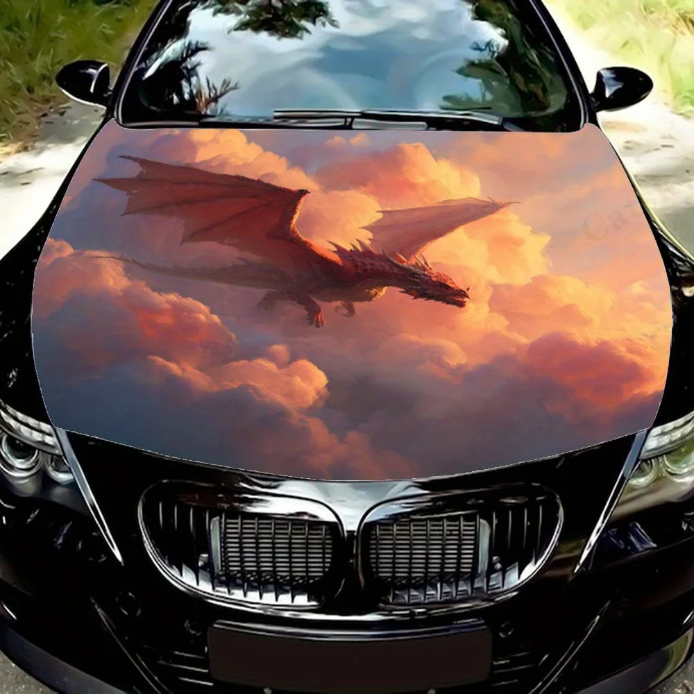 

Красный дракон летает через оранжевое небо Автомобильная виниловая пленка - брызгозащищенная наклейка из ПВХ для капота двигателя, легко снимается и прочная дези