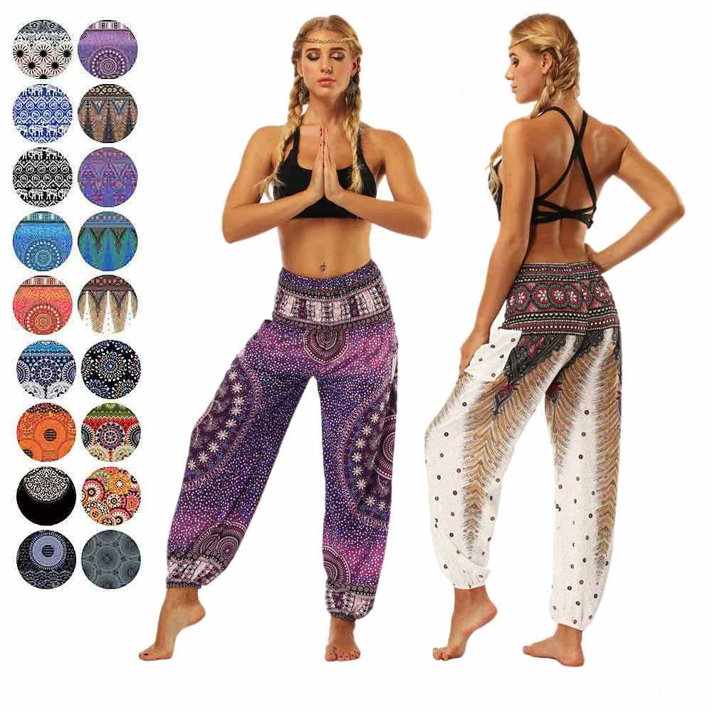 Women\'s Yoga Pants Printed Ethnic Style Loose Yoga Trousers Bloomers High Waist Fitness Sports Crotch Dance Palazzo Sweatpants