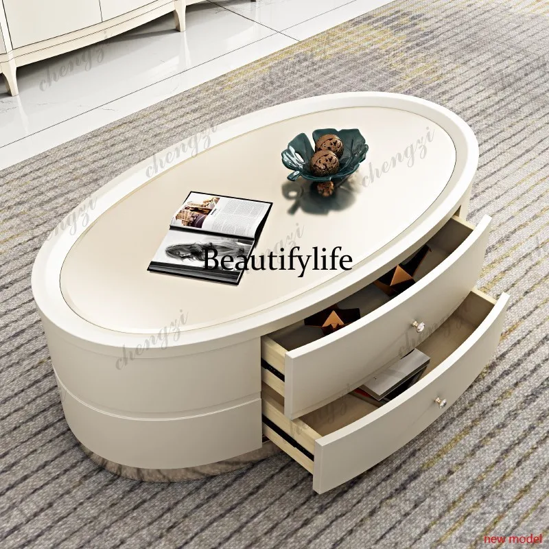 AB03  American light luxury oval coffee table storage solid wood coffee table table, living room coffee table