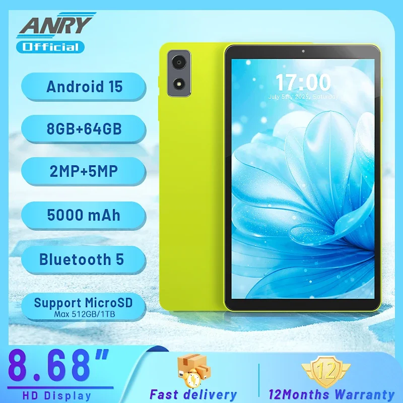 2025 태블릿 8.68인치 안드로이드 15 태블릿, 8GB+64GB 저장공간(1TB까지 확장 가능), 쿼드코어 CPU, 6200mAh, 듀얼 WiFi 2MP+5MP 듀얼 카메라