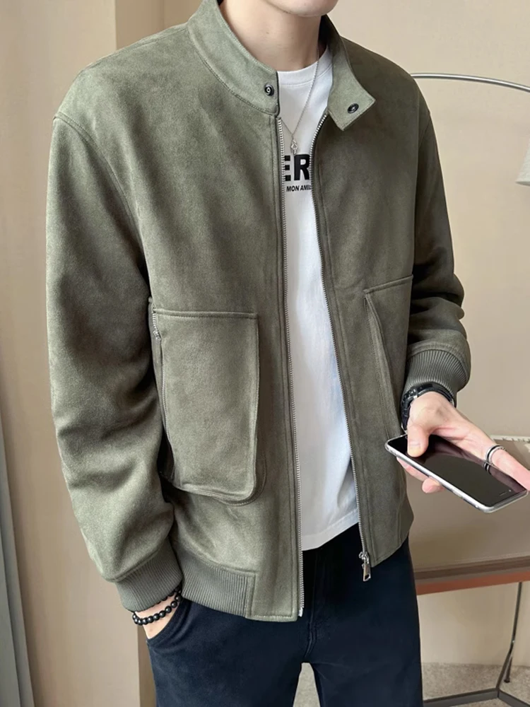 

Military een Suede Jaet Men's Spring Autumn Casual Loose Fit Stand Collar Trendy Outerwear Polyester Spandex Blend