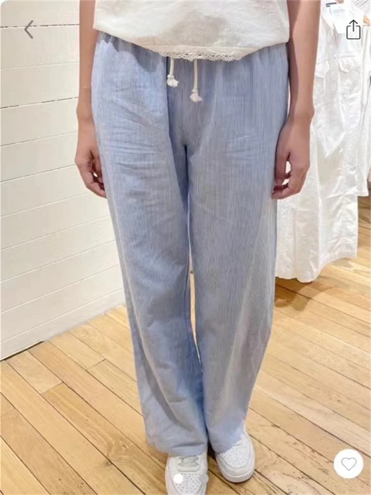 Sweet Women Blue Striped Pants 2024 Fashion Summer Ladies Lacing Waist Loose Parts Casual Female Soft Straight Long Pants