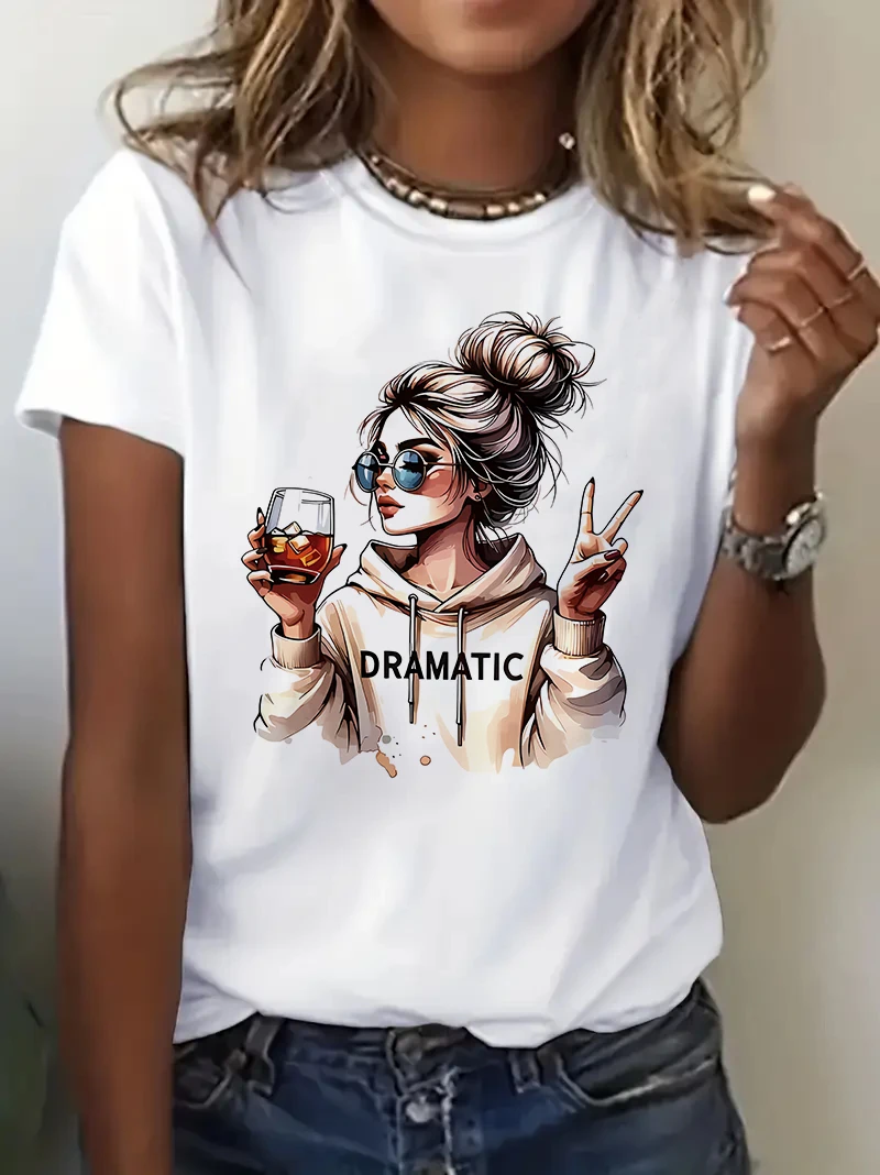 Streetwear 90er Jahre Damen Casual Grafik-T-Shirt mit „Dramatic“-Aufdruck und Weinmotiv Kurzarm-T-Shirt Kleidung Oberteil