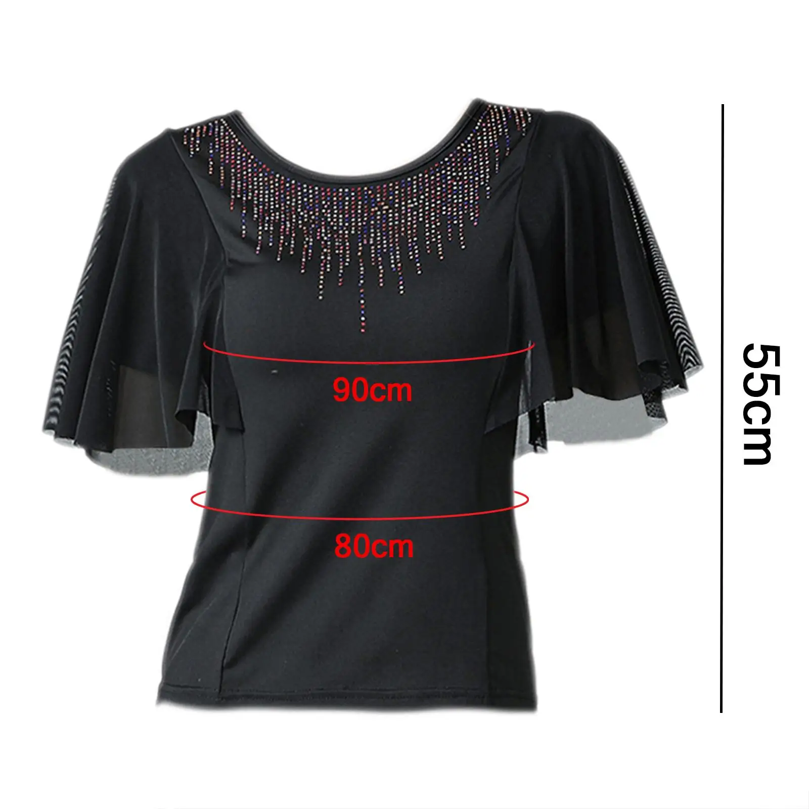 Elegant Ladies Ballroom Dance Tops Trumpet Sleeves Colorful Rhinestone Neckline