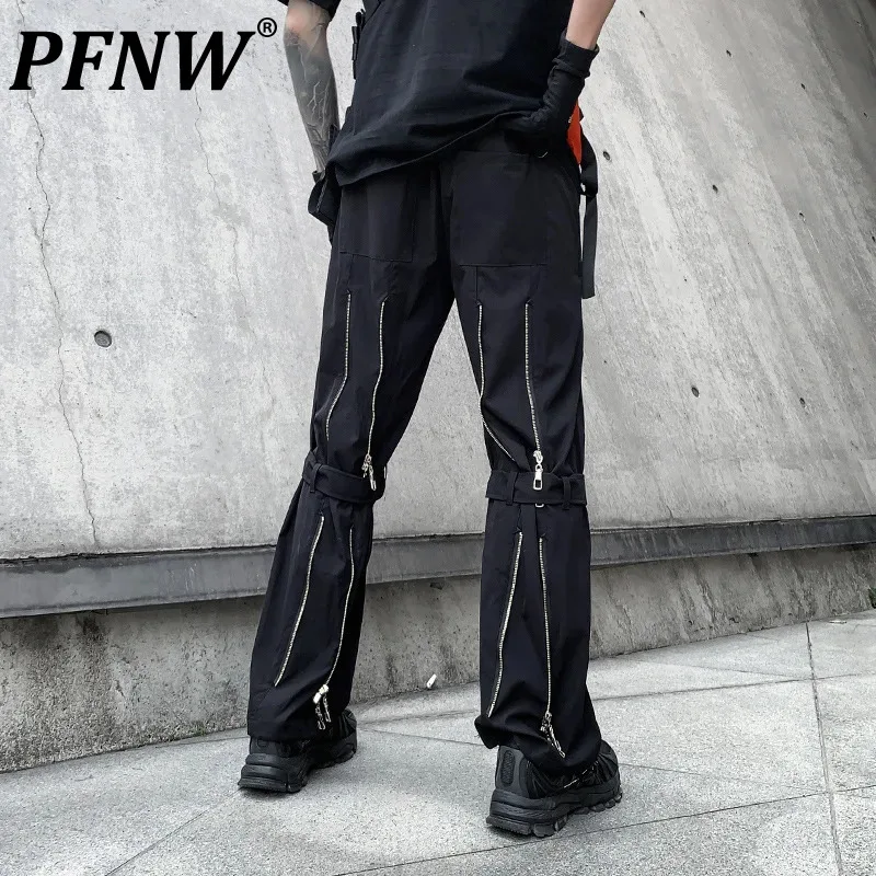 

PFNW Niche Style Men's Pants Loose Back Zipper Ribbon Design Straight Wide Leg Male Trousers Solid Color Overall Autumn 12C397