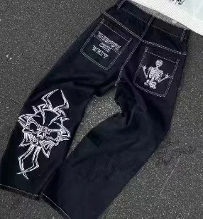 Streetwear Jeans Y2K Männer Frauen Harajuku Gothic Retro Kreuz Strass Retro Blau Baggy Jeans Hosen Hohe Taille Breite Bein Hosen