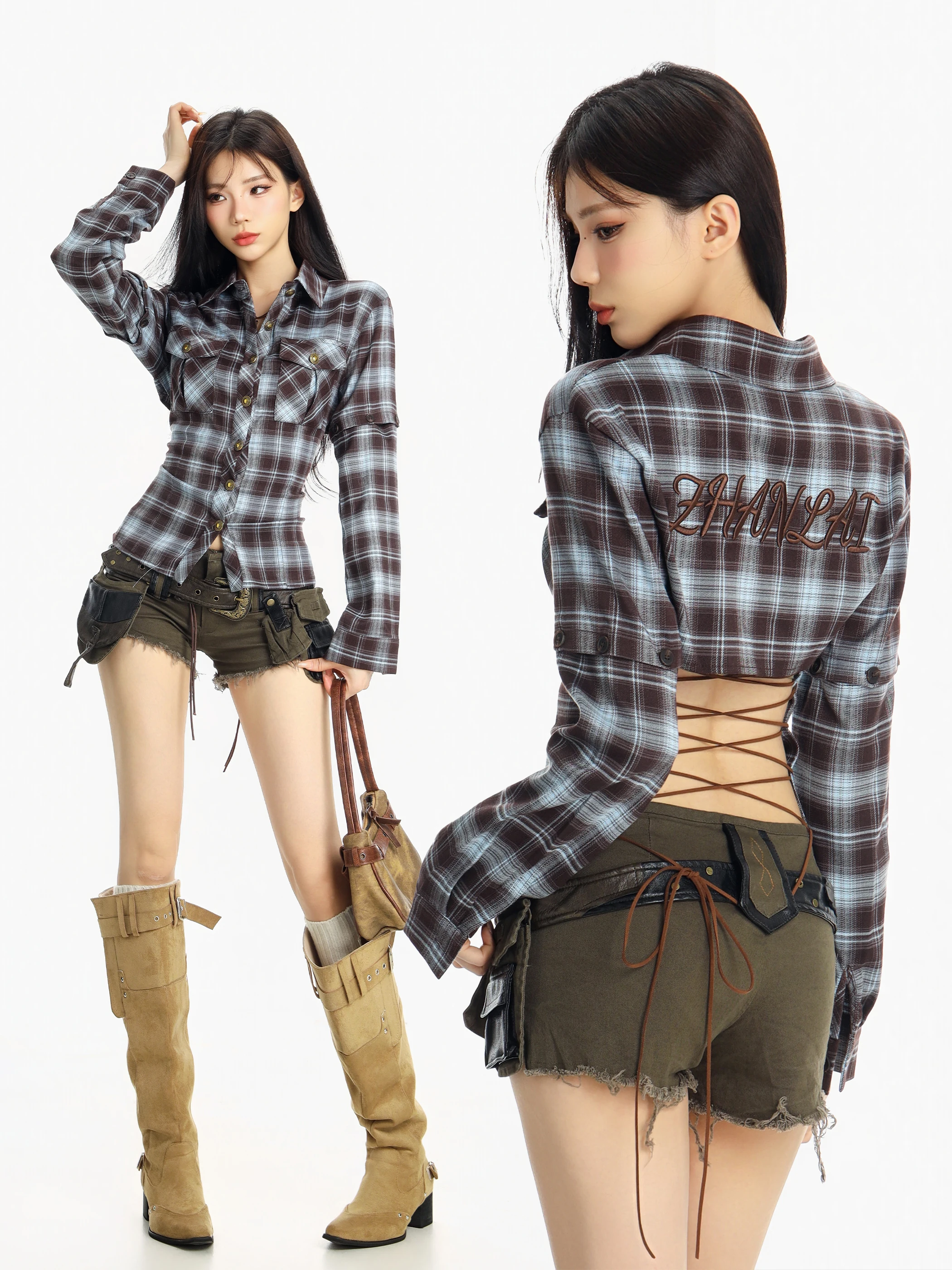 

American Style Plaid Shirt Women's Slim Fit Long Sleeve Backless Belted Beer Captain Millennium Trendy Top City Walk Wear