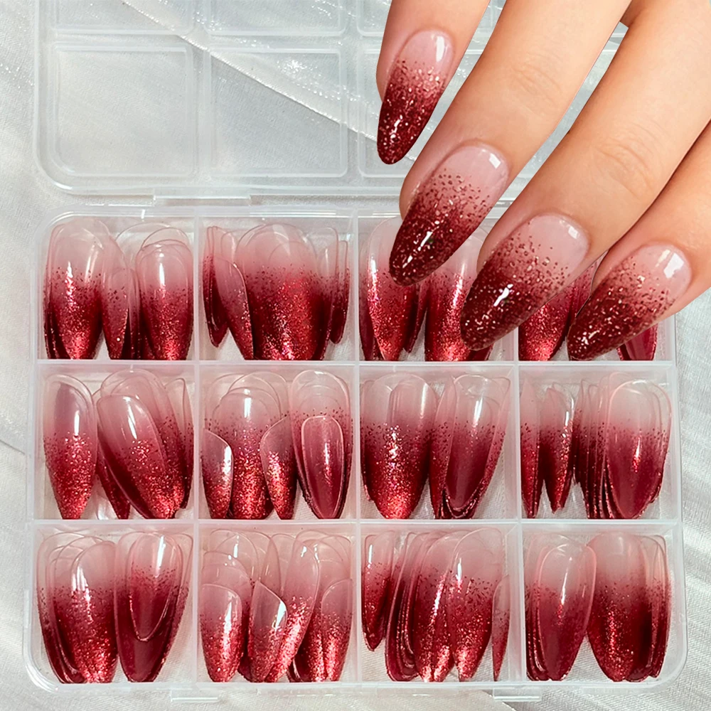 

144 шт., красные градиентные блестящие кончики пальцев, накладные ногти, длинные миндалевидные винно-красные градиентные гелевые накладные ногти, блестящий новогодний маникюр, искусство