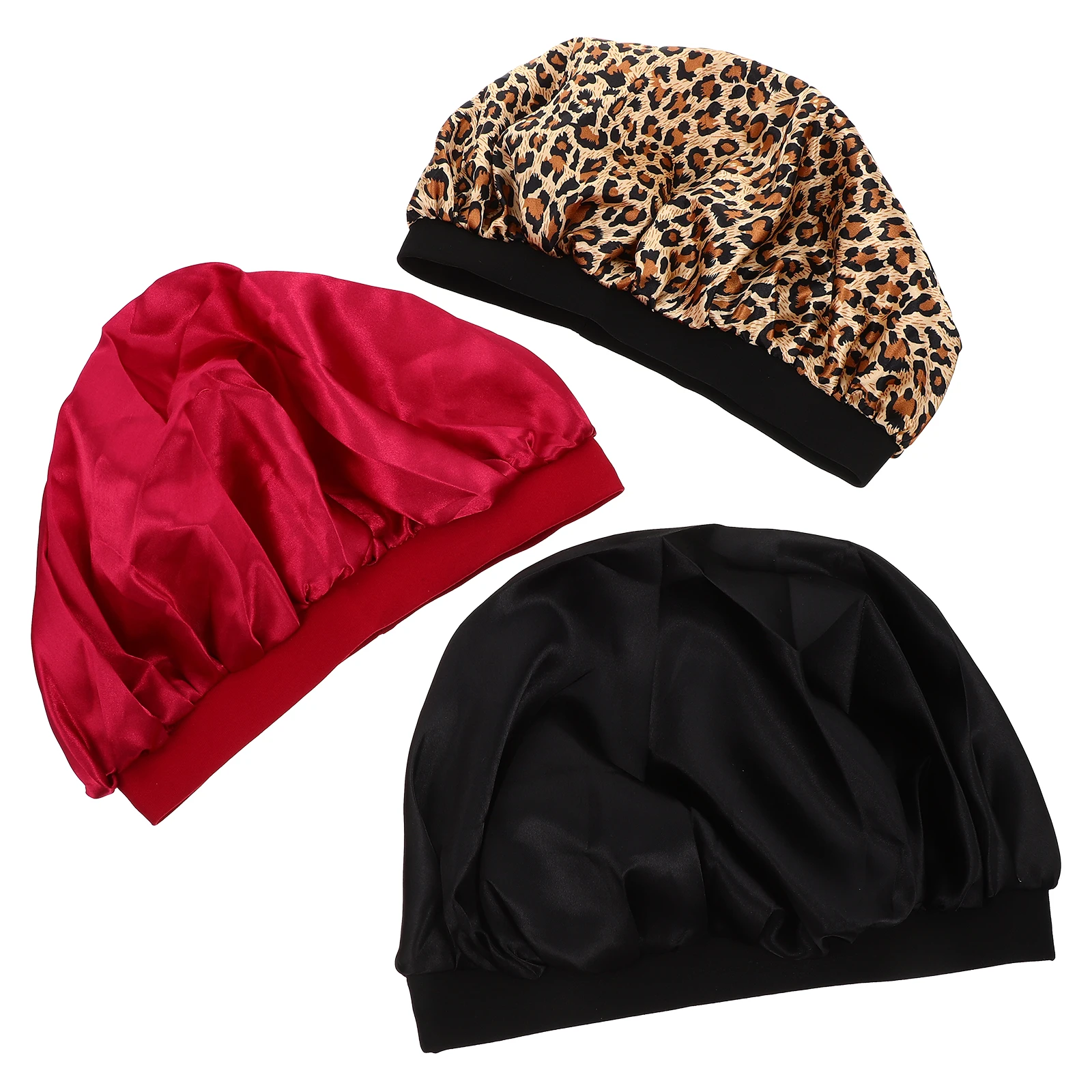 

3Pcs Satin Wide Brim Hair Bonnet Women Wrap Sleep Hat Comfortable Beanie Durable Elastic Design Practical Multi
