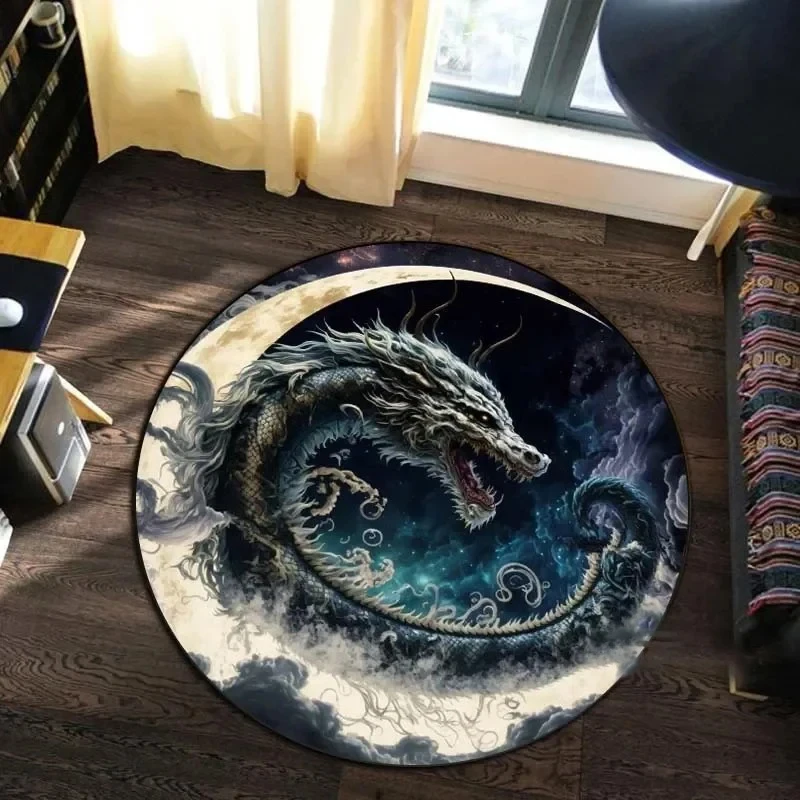 Animal Art Style Round Carpet 3D Printed Coiling Dragon Crouching Tiger Lion Pattern Living Room Mat Coffee Table Foot Mat