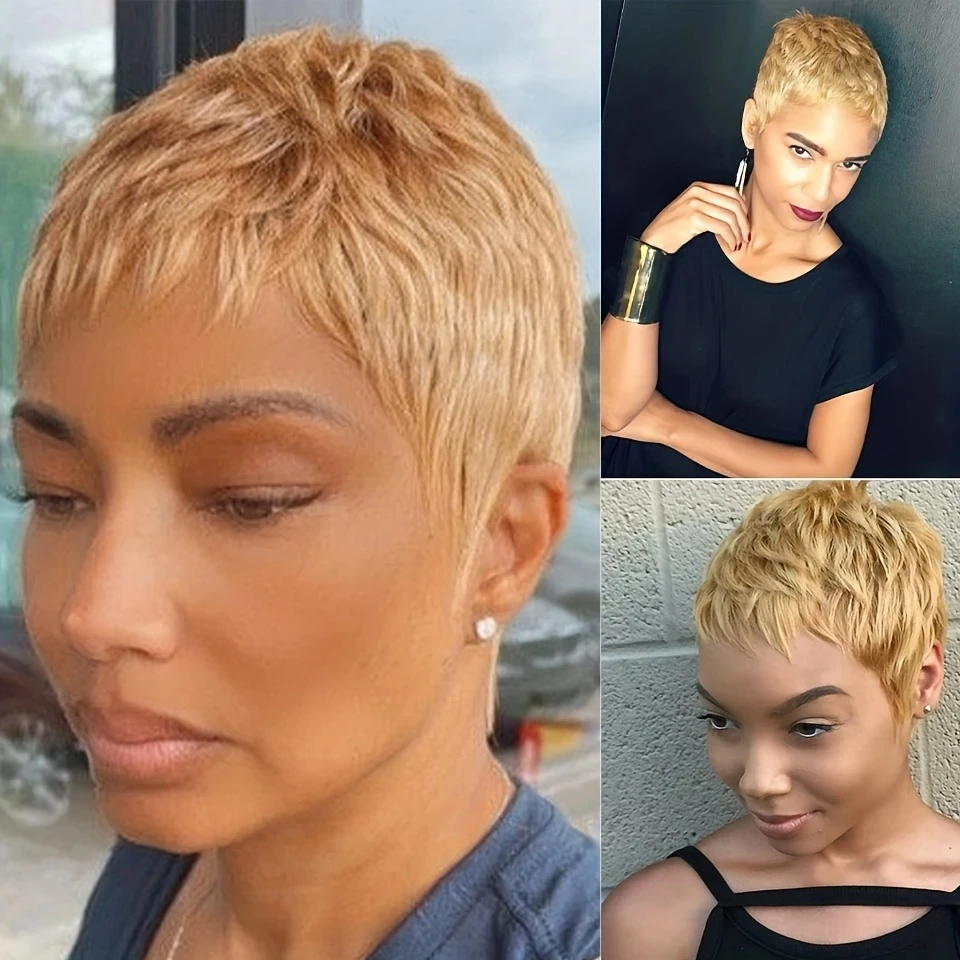 인모 가발 픽시 컷 가발 여성용 짧은 인모 가발 전체 기계 제작