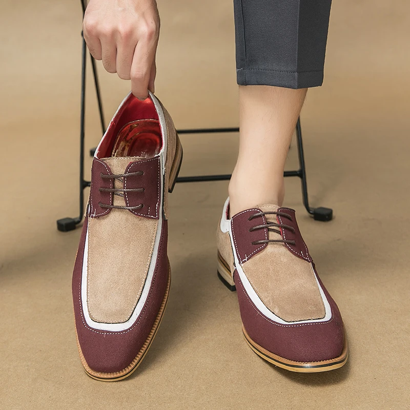 New Flock Derby Shoes for Men Square Toe Lace-up Mixed Colors Fashion Wooden Heel Sole Men Dress Shoes Size 38-48