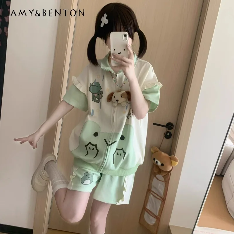 

Japanese Homemade Cute Soft Cute Little Frog Element Milk Huhu Printing Summer New Short-sleeved Jacket with Shorts Suit Women