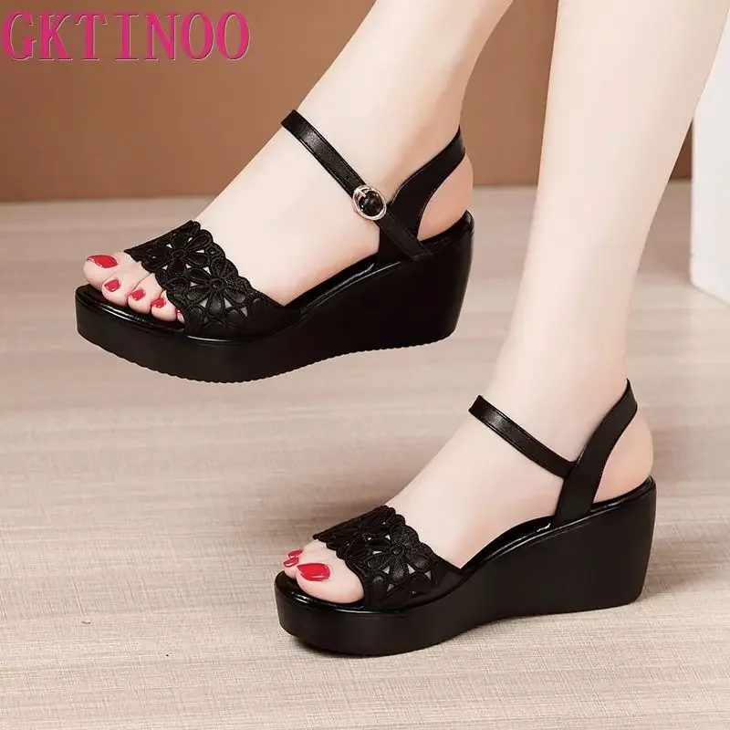 BEYARNE women sandals big size 33-43 summer open toe leather ladies shoe sandals women platform 6cm heels women shoes