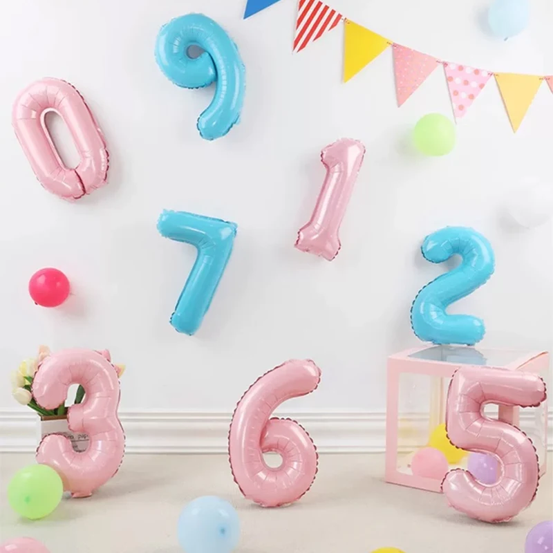 Balão de Filme de Alumínio Digital Azul Claro e Rosa Claro de 32 Polegadas, Números de 0 a 9, Balões de Hélio para Decoração de Casamento, Aniversário e Festivais