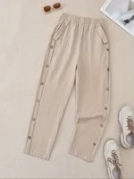Plus Size Women's Solid Color Casual Straight-Leg Button Pants Dark Blue Comfortable All Season Wear No Stretch Pants - Image 3