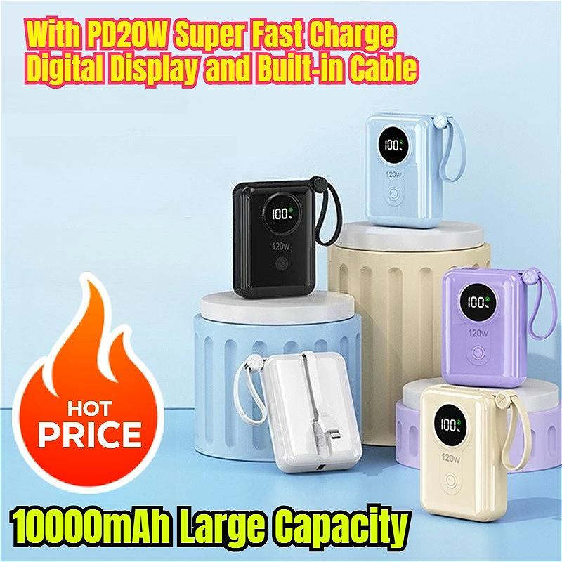 

10000mAh Large Capacity Power Bank with PD20W Super Fast Charge Digital Display and Built-in Cable