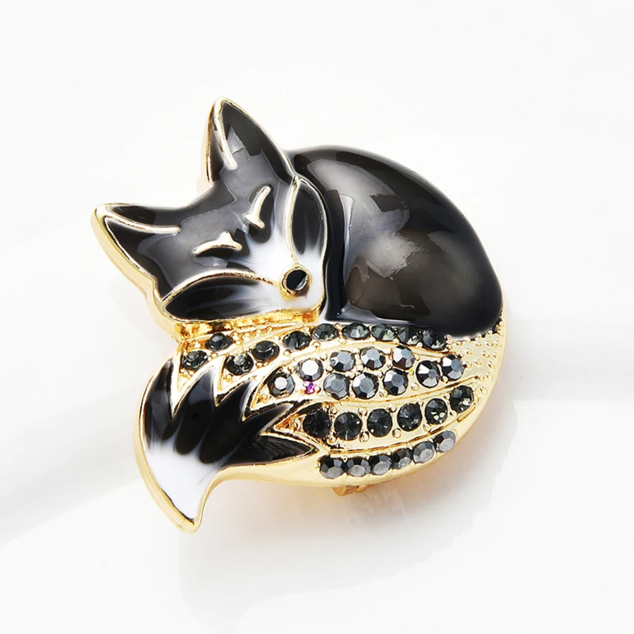 دبابيس الثعلب النائمة 6 ألوان المينا الجسم كامل حجر الراين سباركلين ذيل الثعلب دبابيس شارة الحيوان لطيف هدية السنة الجديدة 2021