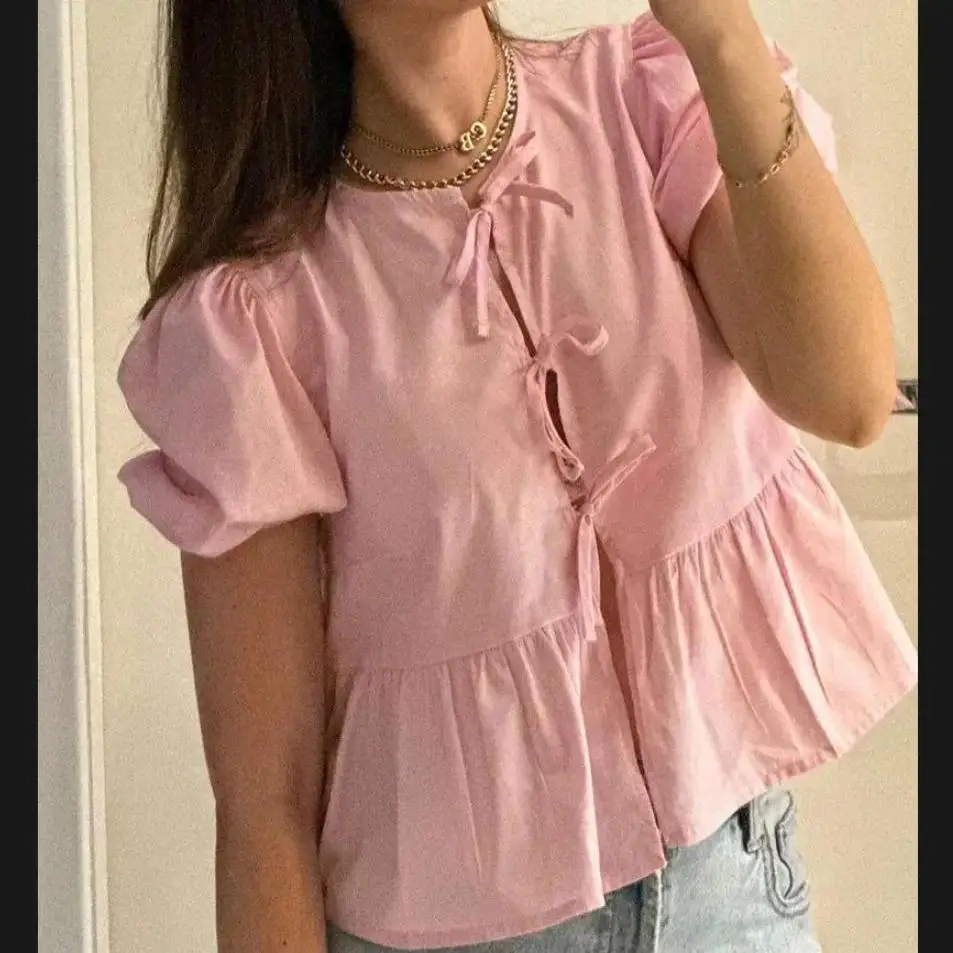 Tees for Women Elegant Holiday Tops Chic Clothes Y2K Girls Sweet Loose Ruffles Tops 2024 Fashion Ladies Cute Bow Buttons White