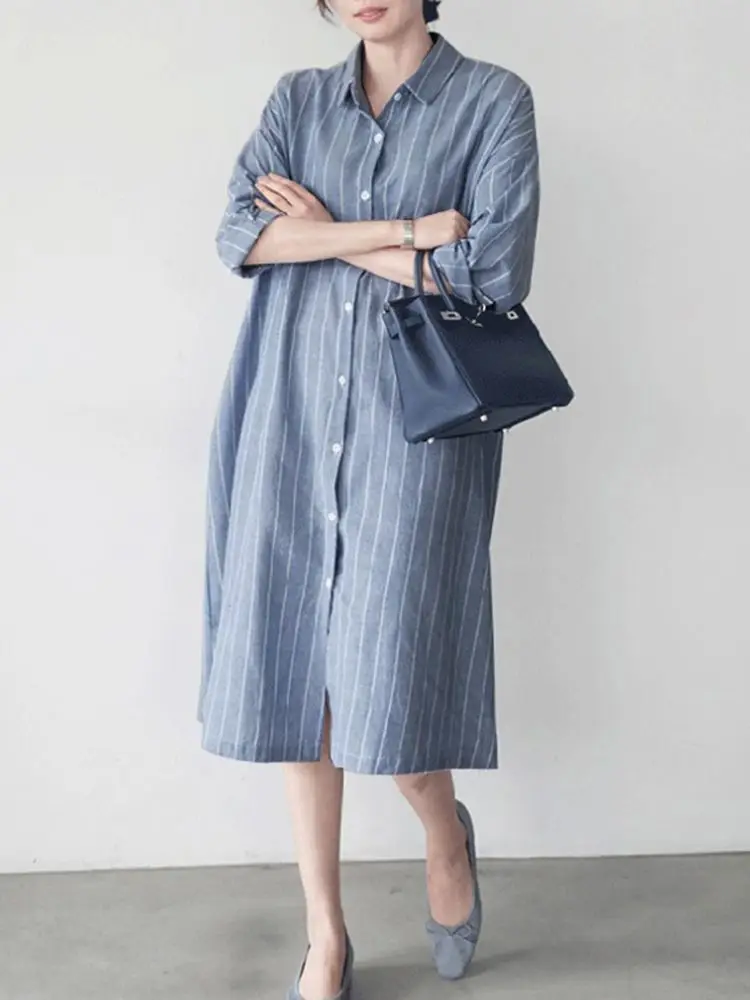 Autumn Sundress ZANZEA Elegant Shirt Dress Women Lapel Neck Long Sleeve Stripe Sundress Work Vestidos Robe Femme Holiday Kaftan