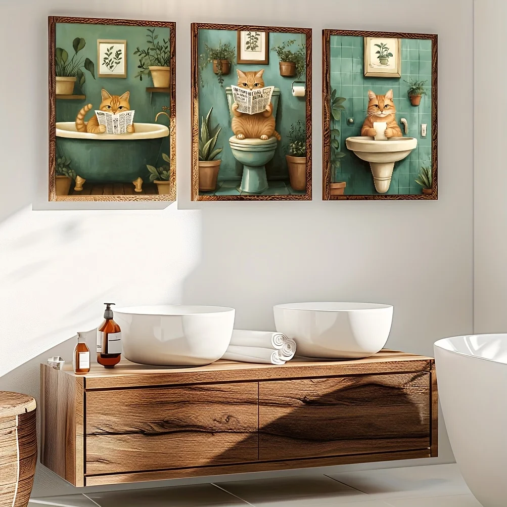 1/3pcs Funny Bathroom Orange Cat Animal Canvas Print Whimsical Cat Reading Newspaper Wall Art Poster for Nursery Home Decor Gift