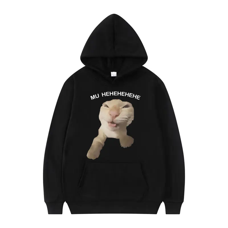 Mu Hehehe Cat Funny Kitty Graphic Hoodie Herrenbekleidung Harajuku Übergroße Sweatshirts Unisex Vintage Langarm Casual Hoodies