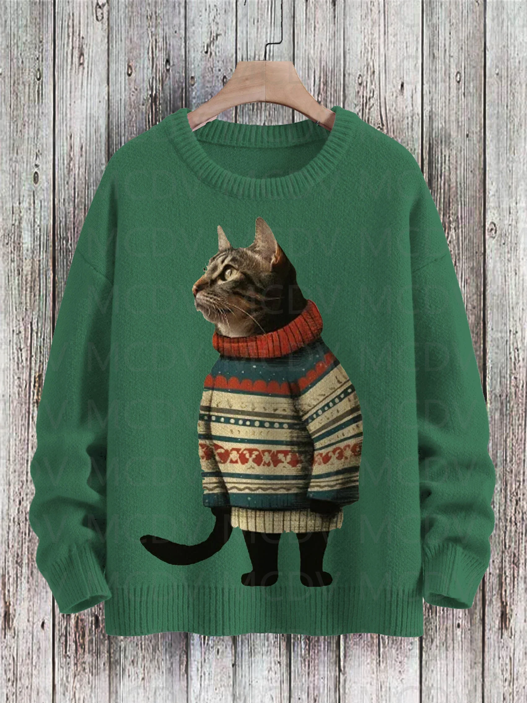 Sweater Pullover rajut pria dan wanita, motif pola seni kucing musim dingin lucu kasual Pullover rajut