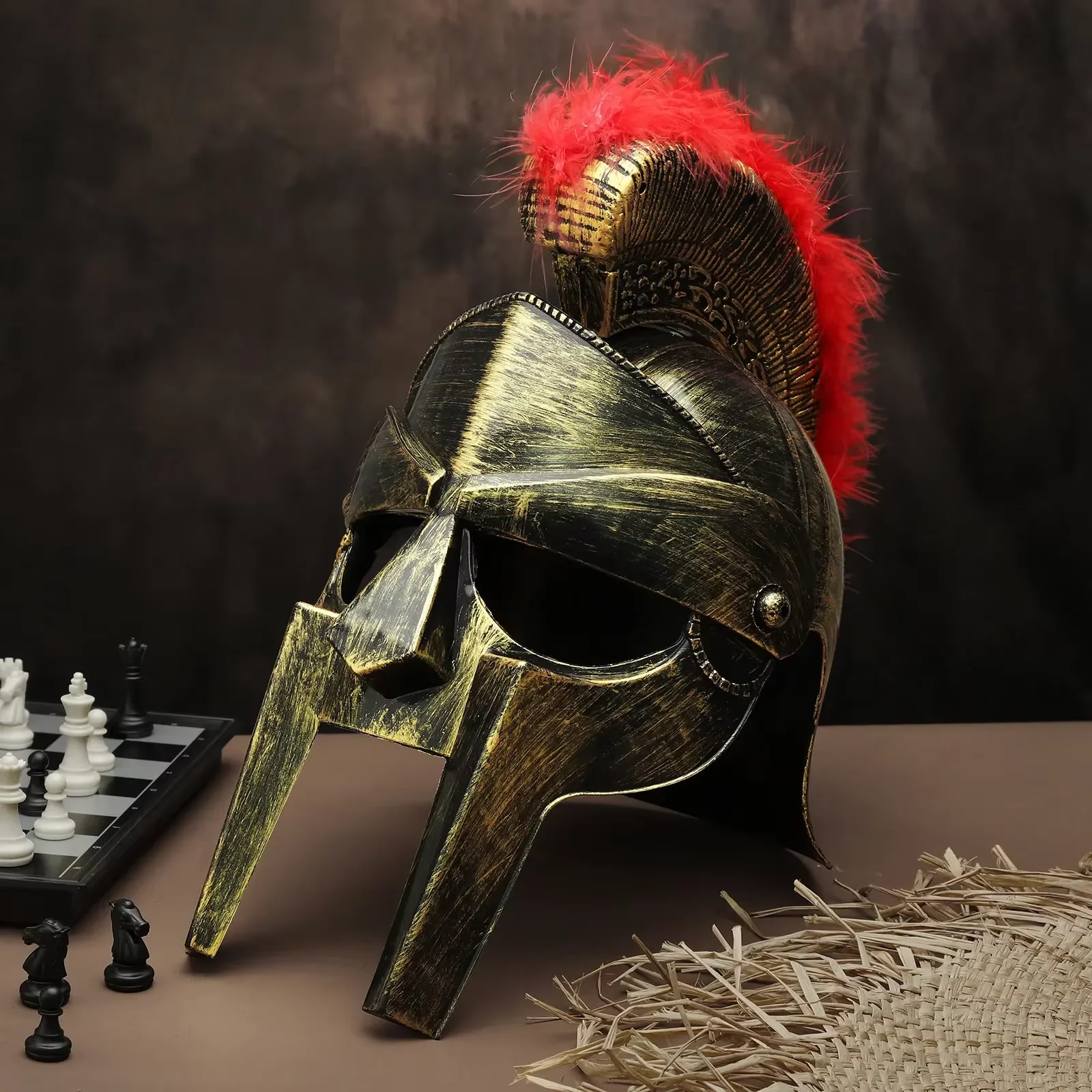 Vintage Roman Spartan Gladiator Helmet with Red Feather Crest Medieval Knight Warrior Costume Prop for Halloween Cosplay - view 2
