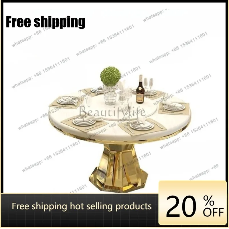 YJ light luxury stainless steel marble dining table with turntable round dining table furniture