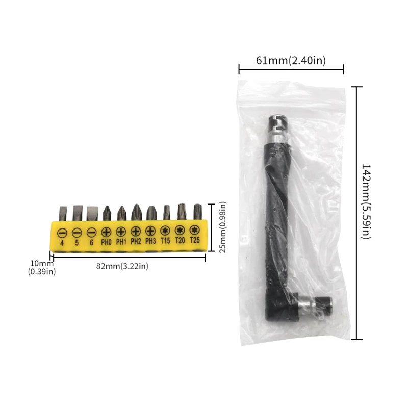 L-shaped 1/4 Hexagonal Screwdriver Bit 90 Degree Double Head Handle Black 6.35 Wrench 10pc Yellow Tape Screwdriver Bit Tool Set
