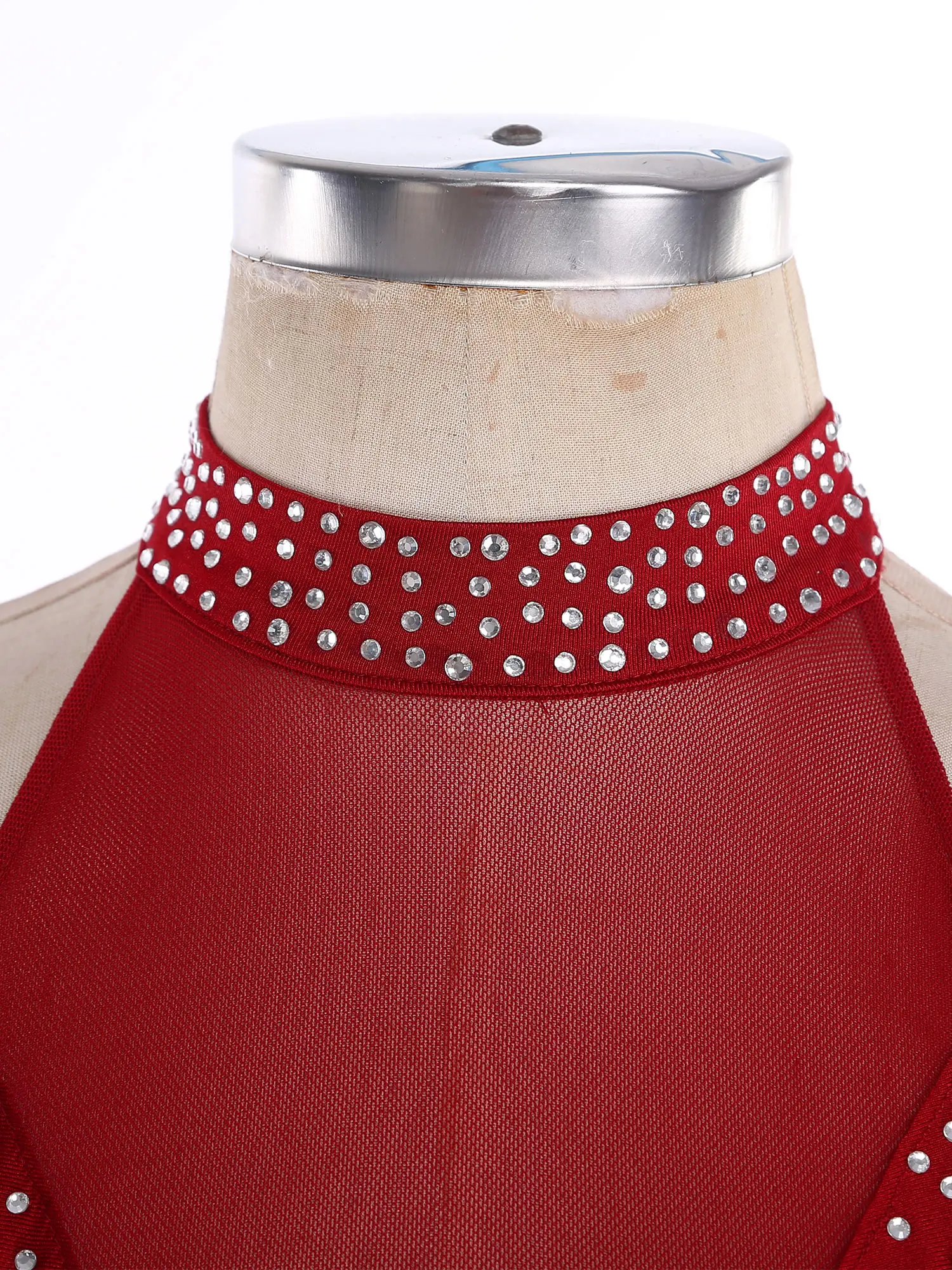 Vrouwen Glanzende Steentjes Kunstschaatsen Ritmische Gymnastiek Kostuum Halter Sheer Mesh Moderne Lyrische Dans Jurk Ballet Maillots