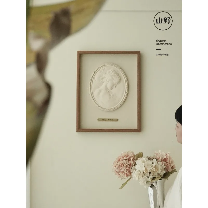 Mountain aesthetics living room sofa background wall solid wood frame three-dimensional sculpture decorative painting retro Fren
