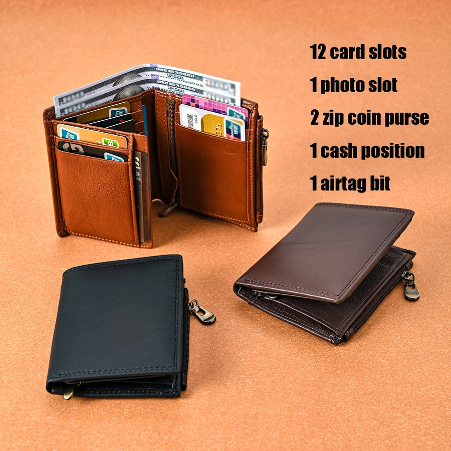 Vintage genuine leather Wallet For Men RFID Air tag wallet Tri-fold Card Holder Traceable Pocket zipper coin purse