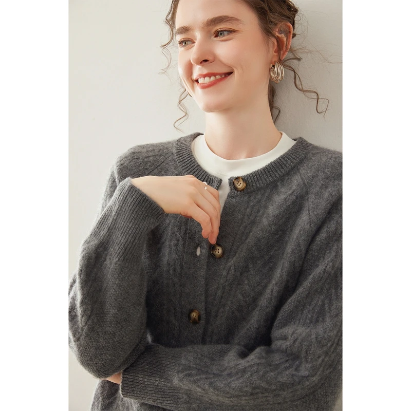 

High Quality O-Neck Cable Stitch Cardigan Tops 100% Cashmere Knitted Women's Soft Warm Comfort Button Sweater New Arrivals